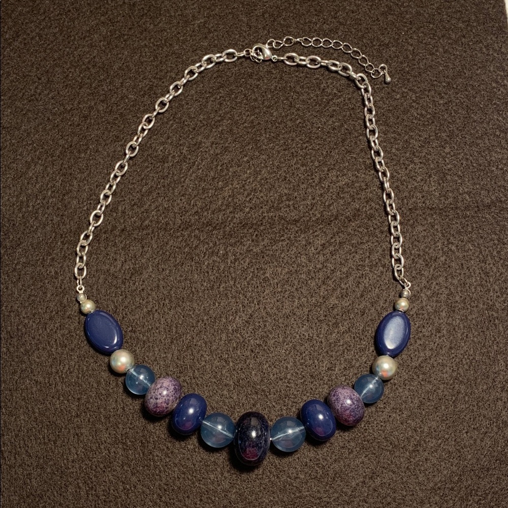 Chunky Blue Beaded Necklace With Silver Toned Chain Adjustable Length